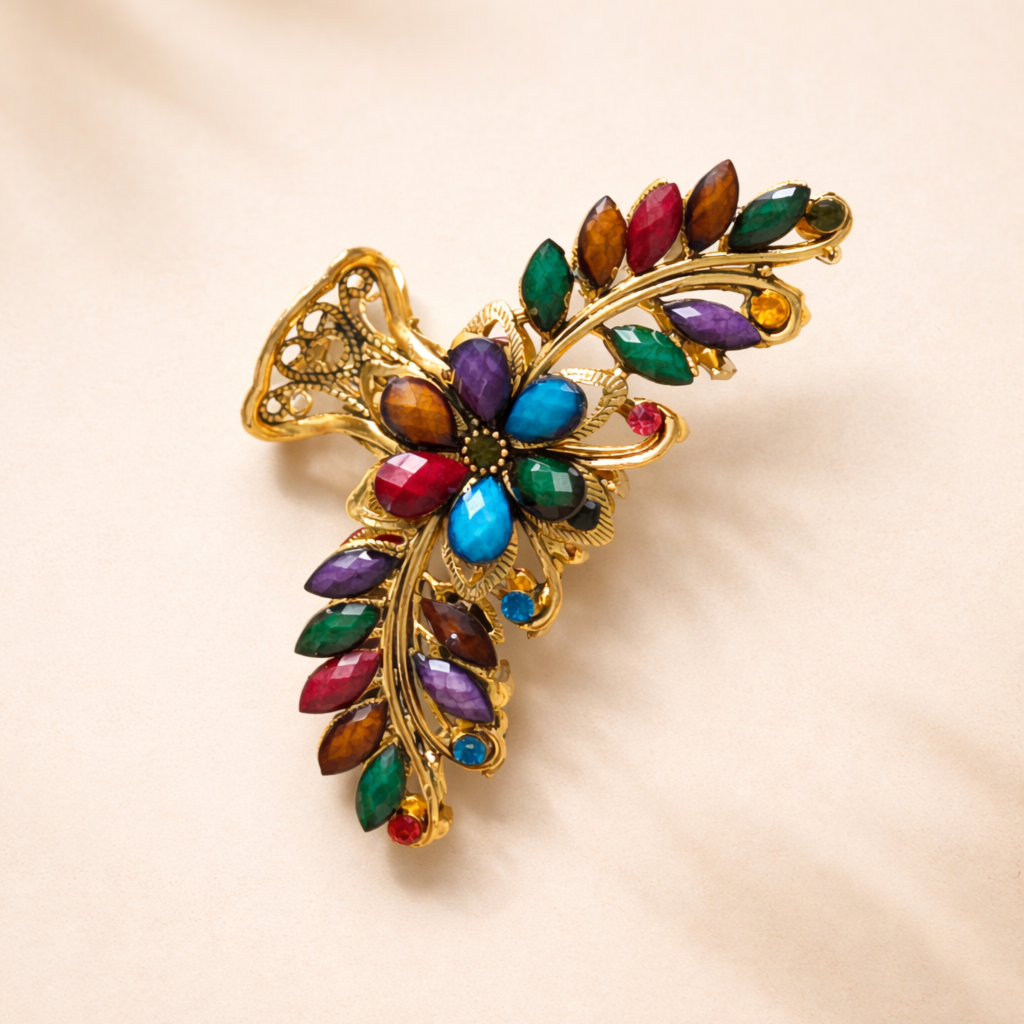 Vintage kovový skřipec do vlasů s barevnými kameny3